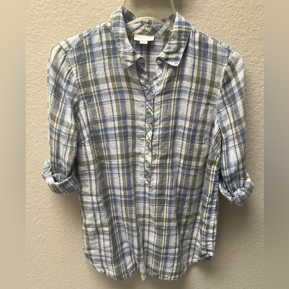 J. Jill Blue and Green Plaid Linen Shirt XS